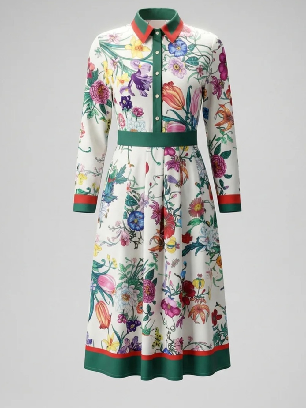 Floral Collared Midi Dress in White with Green Trim